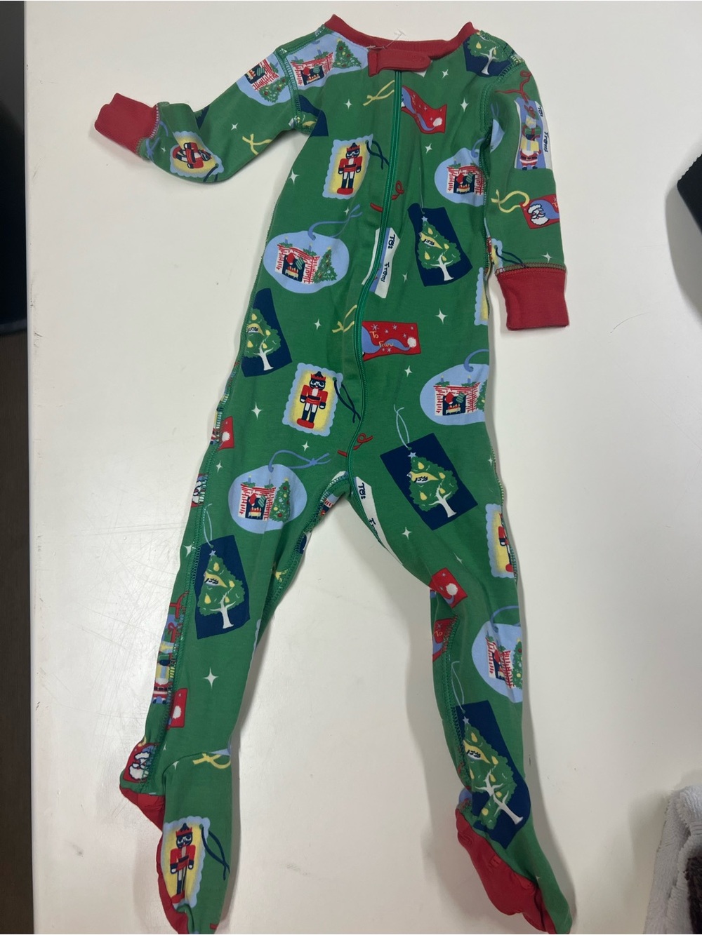 The Beaufort Bonnet Company Green Holiday Print Footed One-Piece with Red Trim